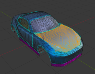 If your selection ends up looking like this, your car is not one element, and has unjoined faces between the selection and the rest of the mesh. This will not work. Join your mesh together properly.