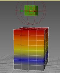 Skin weight colours. The top row of verts is skinned to a value of 1 (red), descending towards 0 (grey) as you go lower down the mesh.